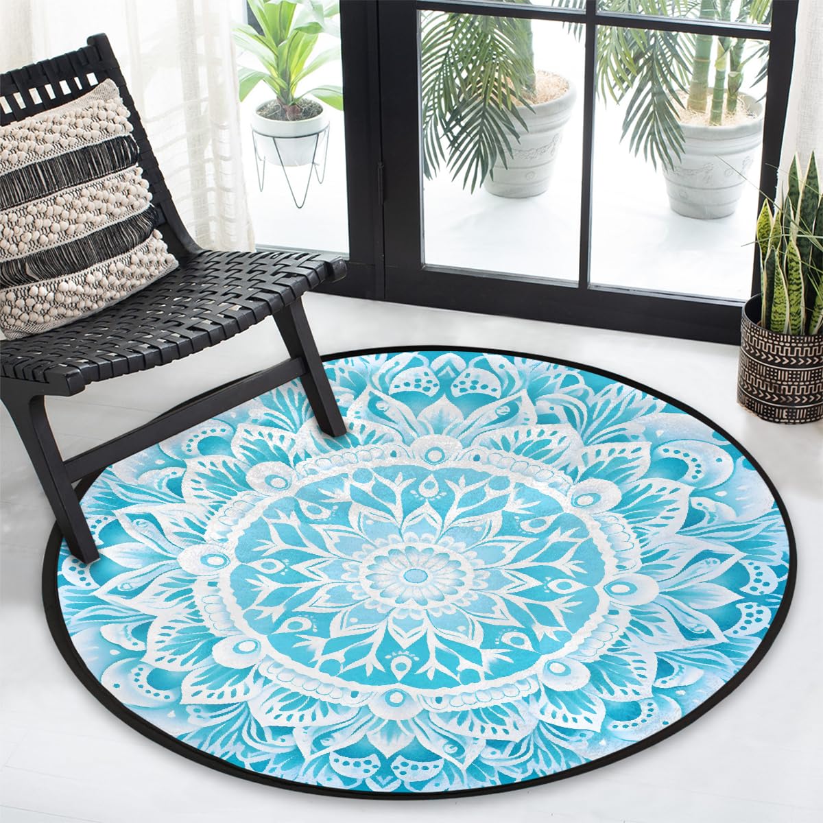 Mexpekil Teppich, rund, Mandala-Blumenmuster, für Wohnzimmer, waschbare Bodenmatte mit rutschfester Unterseite, 92 cm Durchmesser, moderne Heimdekoration