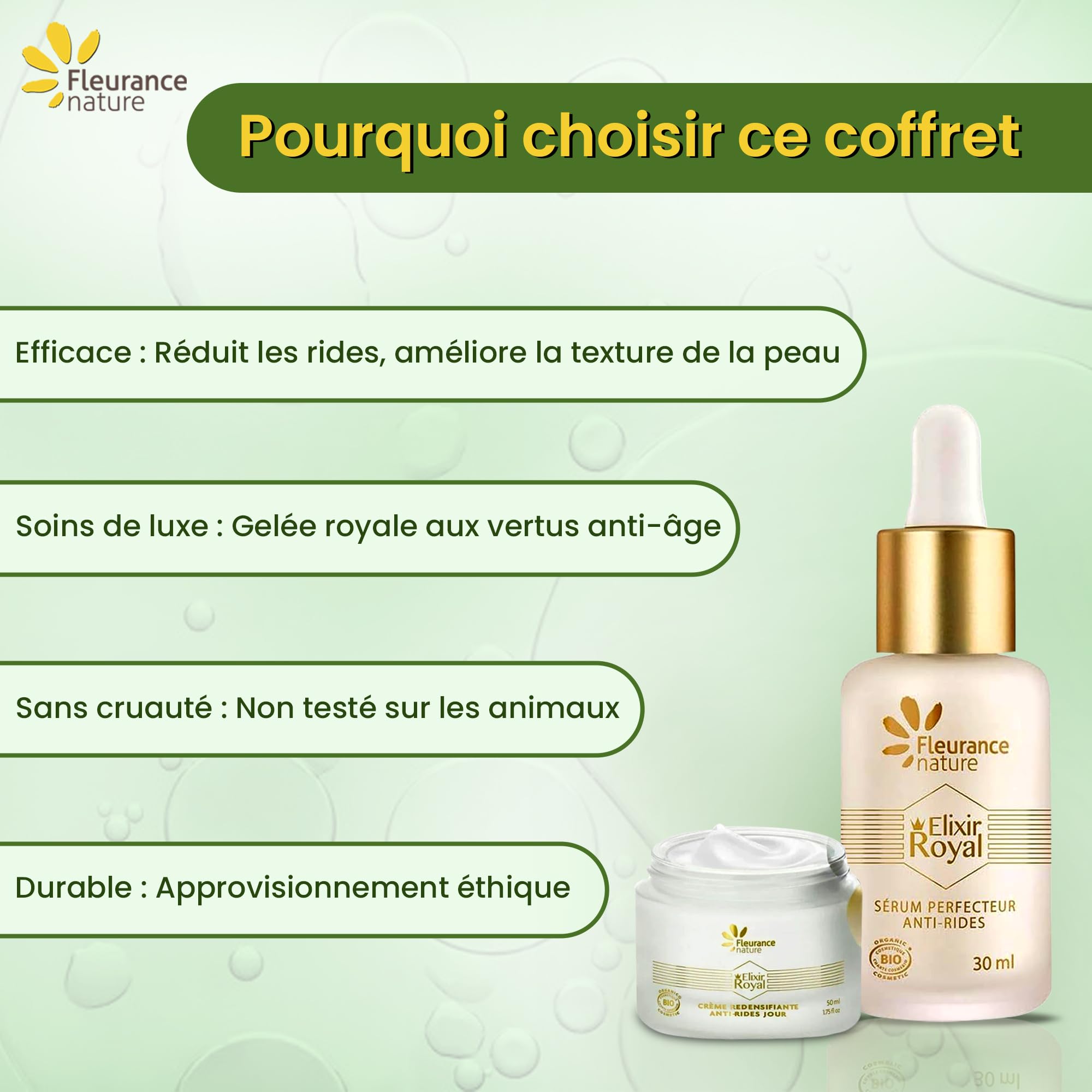 Fleurance Nature, Zestaw Elixir Royal, prezent do pielęgnacji twarzy dla kobiet, kosmetyki organiczne z certyfikatem ecocert, piękno kobiety, serum i krem do twarzy