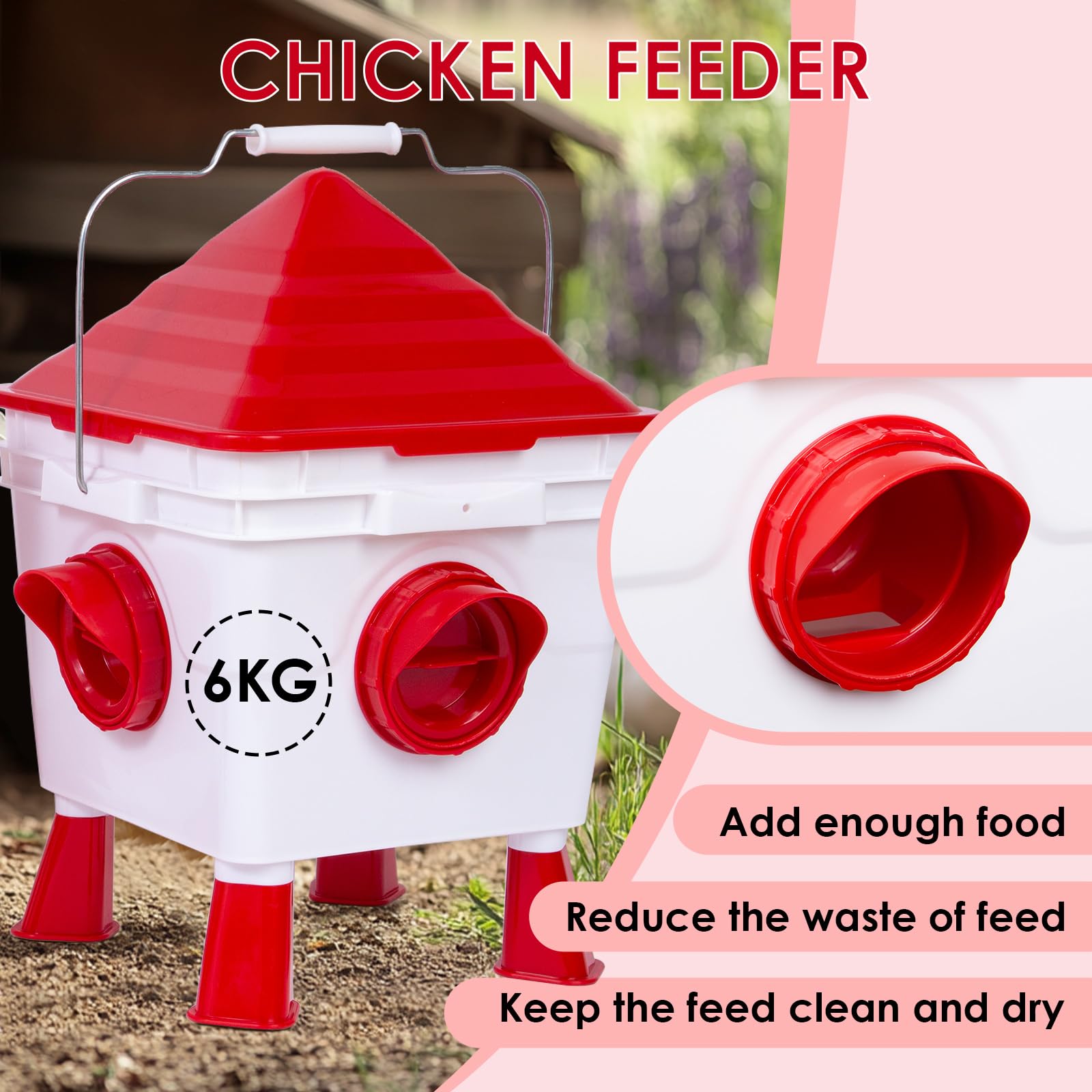 Todeco Futterautomat Hühner und Hühnertränke Set, 6Kg Hühner Futterautomat und 8L Automatische Wasserversorgung für Geflügel mit 4 Öffnungen & 4 Näpfen, verstellbaren Beinen und Stahlketten