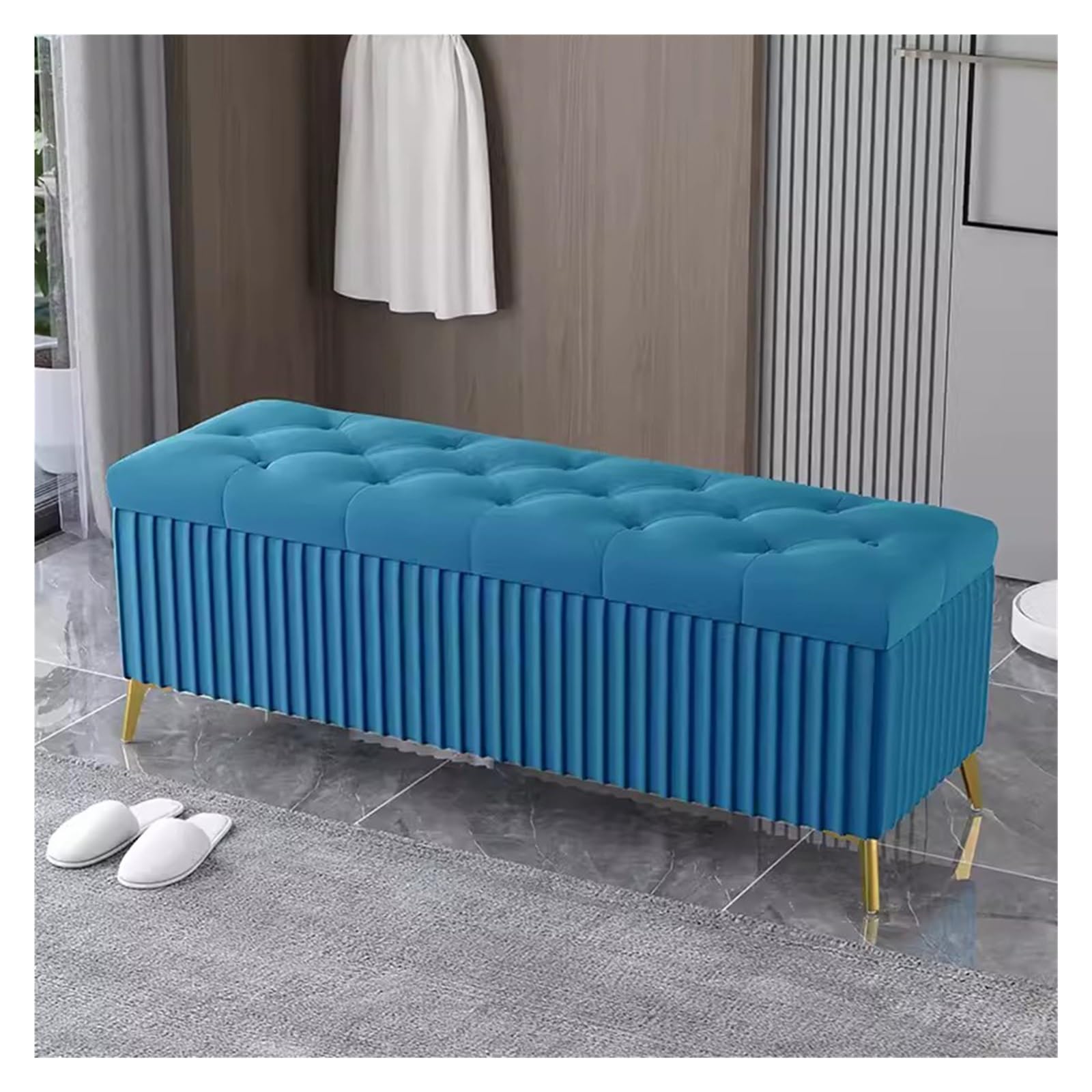 Modern Velvet Ottoman Bench - Upholstered Tufted Storage Settee with Gold Legs Mid-Century Blue Entryway Furniture Stylish Living Room End of Bed - 40cm