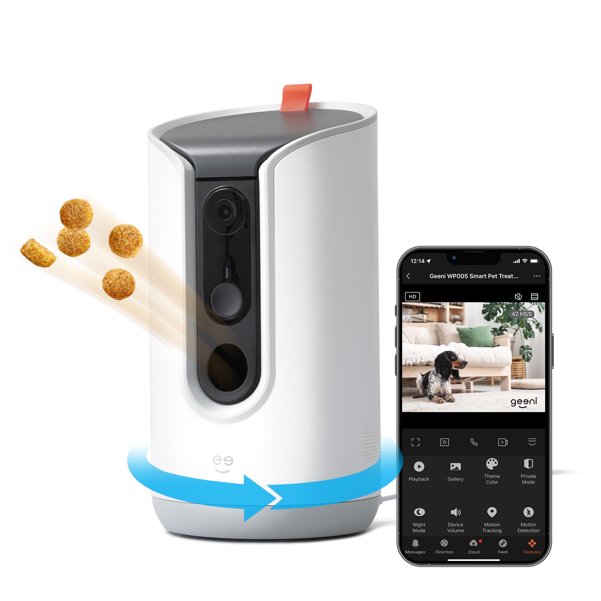 Geeni Pet Treat Dispenser with Camera - 2K HD WiFi Enabled, Dog and Cat Automatic Smart Feeder, Two-Way Audio, Night Vision, Auto-Follow, Remote Access with App, Alexa and Google Compatible, White