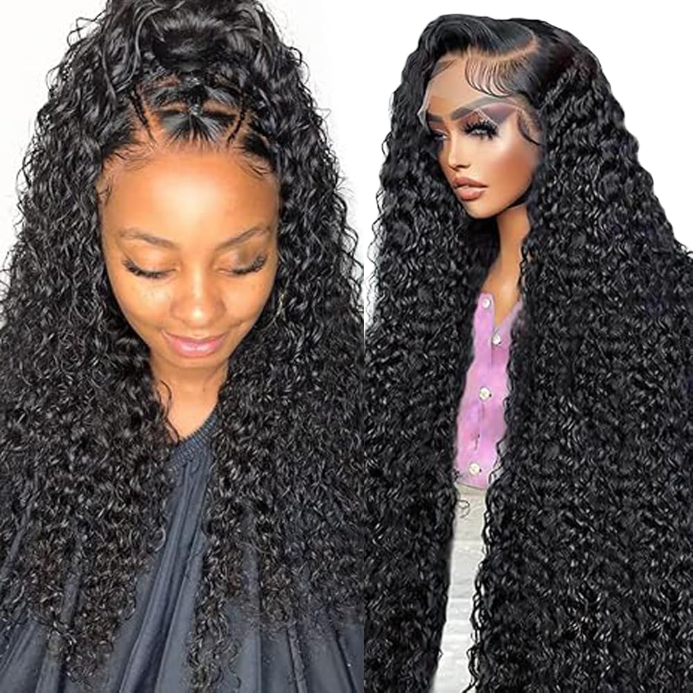 32 Inch Echthaar Perücke Damen Human Hair Wig Lace Front Wig 13X4 Transparent Lace Natural Black Curly Wave for Women Glueless Wear and Go Minimal Smell Low Shedding