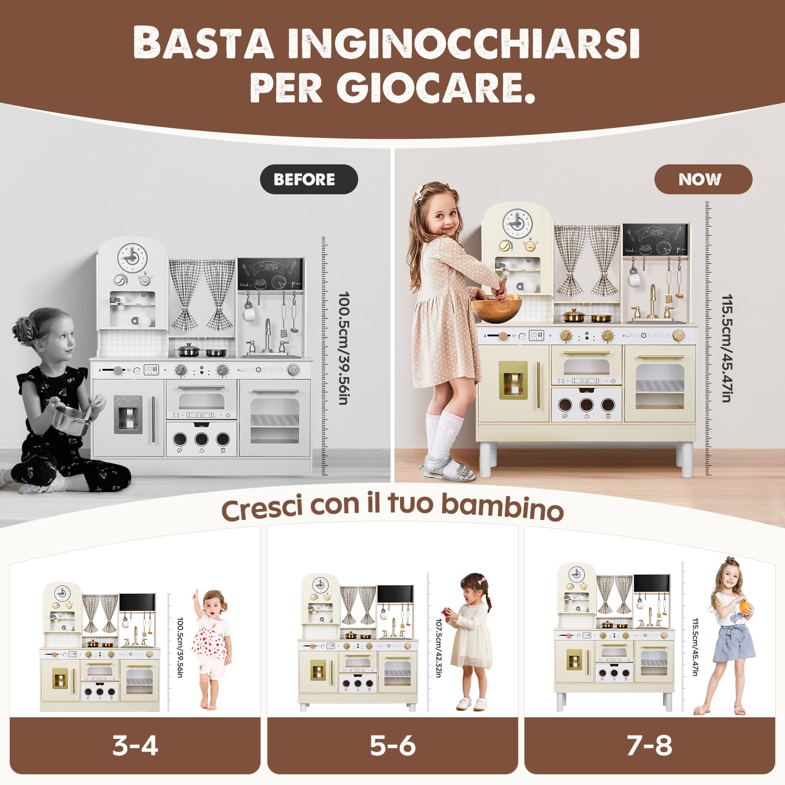 EDUBEBO Set da cucina per bambini, regolabile in altezza, viene fornito con vari accessori da cucina, giochi di ruolo per bambini dai 3 agli 8 anni (bianco)