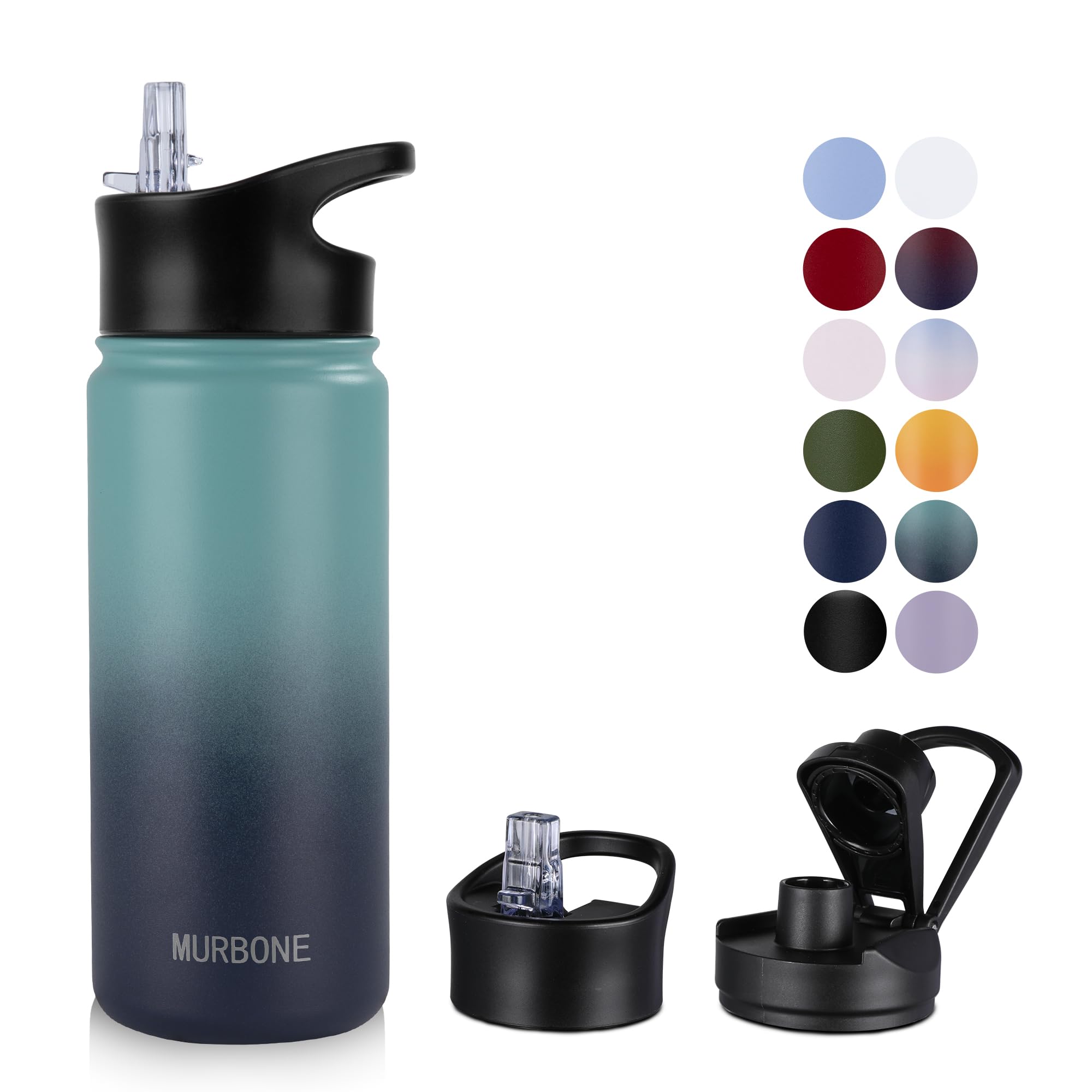 MURBONE Insulated Water Bottle, 500ml Stainless Steel Drink Flask with Straw, BPA Free, 2 Lids (Straw Lid and Spout Lid)