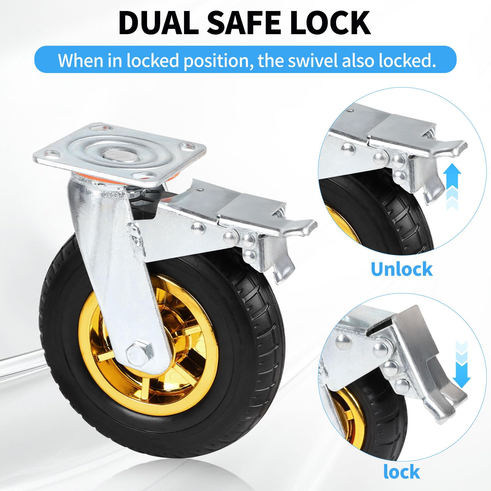 SWAWIS Lot de 4 Roulettes Charge Lourde 200mm Jusqu'à 260 kg par Roulettes Pivotantes À 360 Degrés (2 avec Frein) pour Chariot, Établi, Meuble