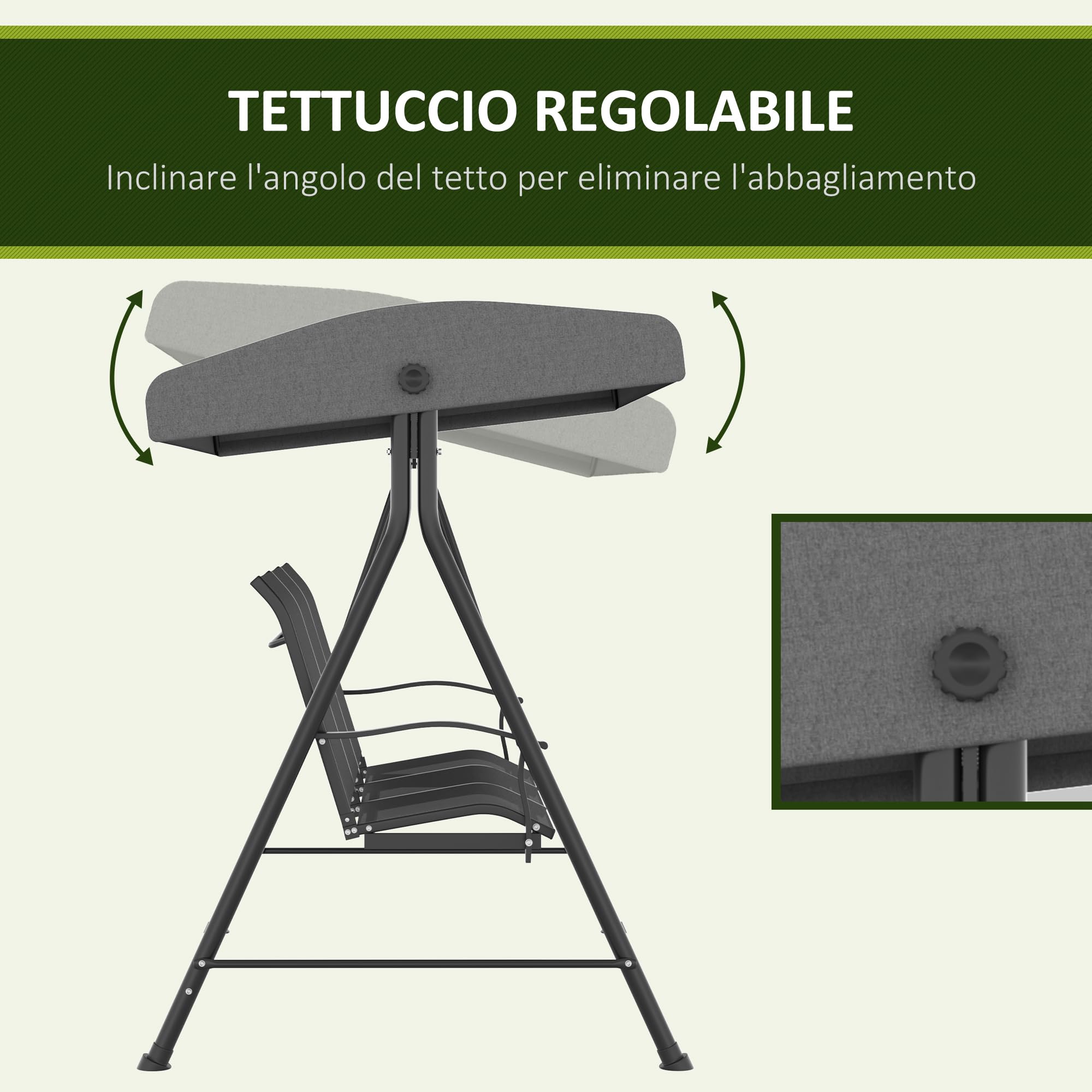 Outsunny Dondolo da Giardino 3 Posti con Tettuccio Parasole Regolabile, Dondolo da Esterno con Seduta Traspirante a Rete e Piedini Antiscivolo in Poliestere e Metallo, 200x133x176 cm, Grigio Scuro