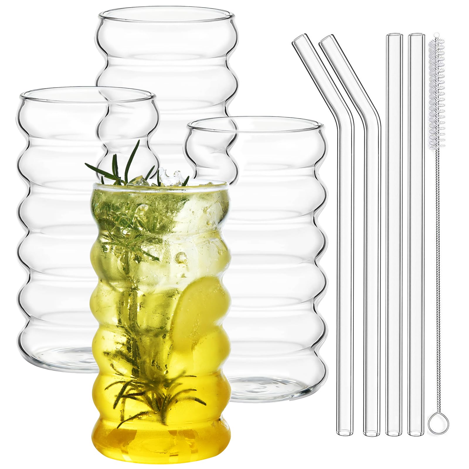 ALINK Set di 4 bicchieri di vetro a coste con cannucce, 473,6 ml, bicchieri da caffè ghiacciato, bicchieri da birra ondulati, bicchieri da birra per coctail, latte, soda, regalo con pennello
