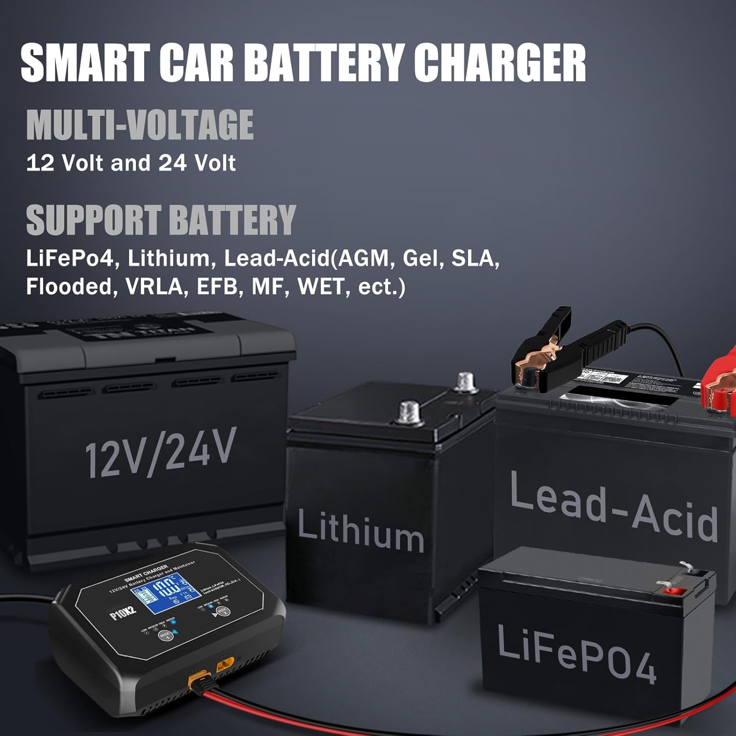 2-Bank 20A(10A/Bank) Car Battery Charger, 12V 24V Automatic Automotive Charger, Battery Maintainer, Trickle Charger for Car, Motorcycle, Marine, Boat, Lead-Acid, Lithium, LiFePo4 Battery