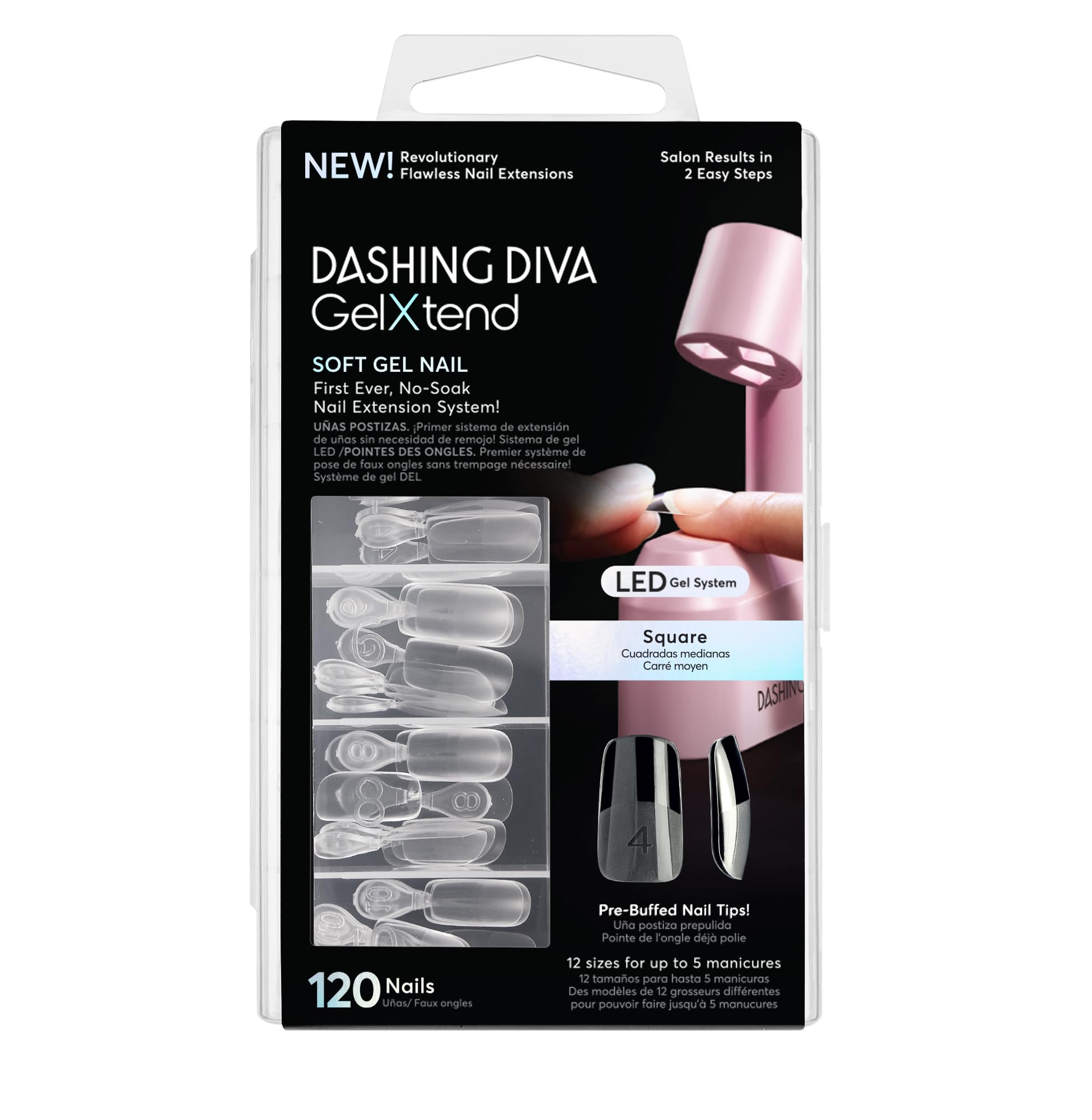 Dashing DivaGelXtend Nail Tips - Clear, Medium Square - Press On Nails with LED Glue - Lasts Up to 14 Days - Clear, Customizable Gel Nails - No-Soak, Easy Removal