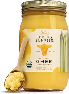 Spring Sunrise Grass-Fed Organic Ghee 16oz - USDA Certified Clarified Butter, Keto Paleo Friendly, Gluten Casein Free, High Smoke Point Cooking Oil