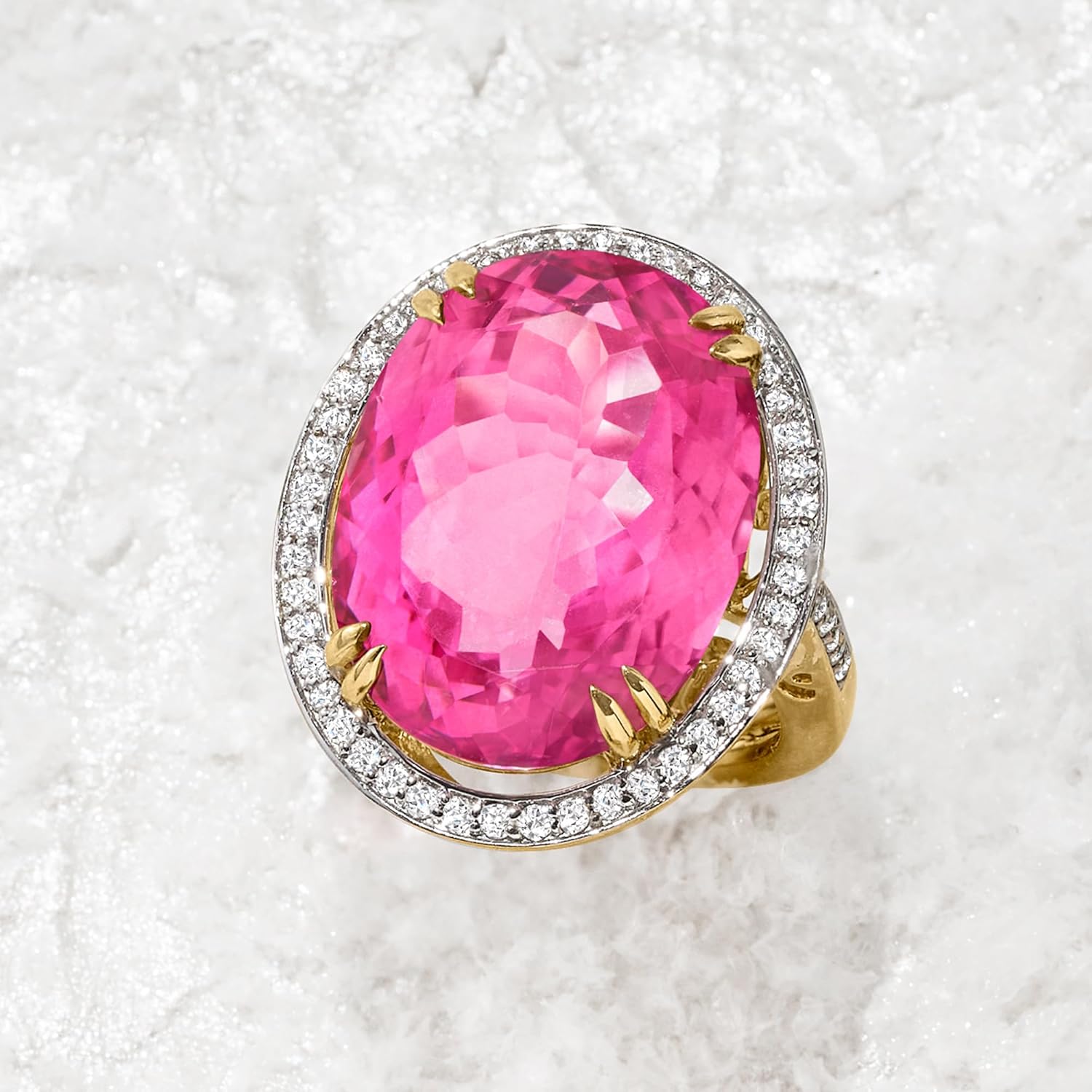 Ross-Simons 20.00 Carat Pink Topaz and .52 ct. t.w. Diamond Ring in 14kt Yellow Gold