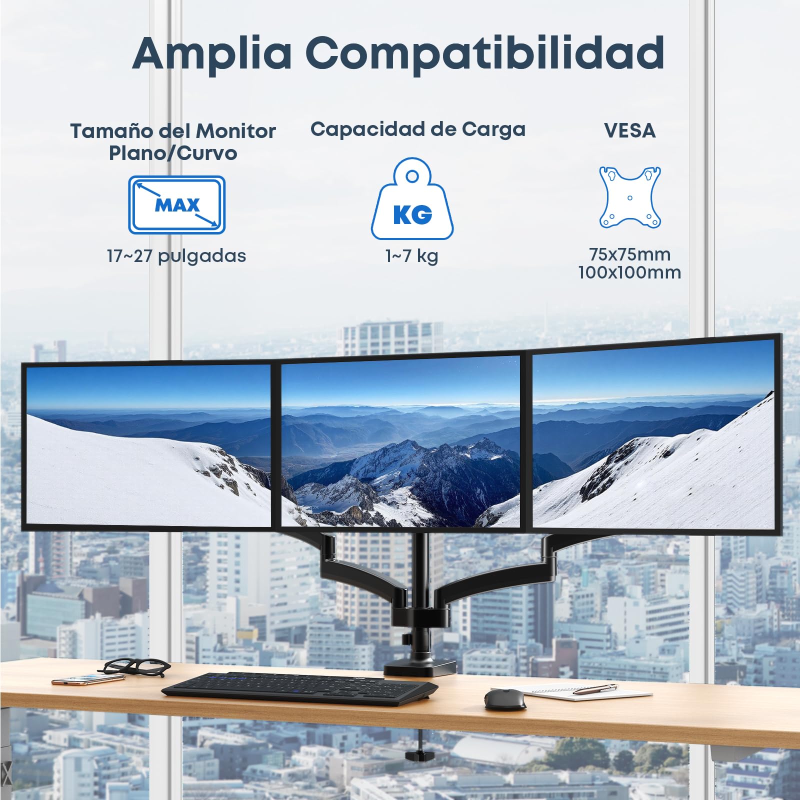 WORLDLIFT Soporte de Escritorio para 3 Monitor de Las Pantallas de TV, LCD y computadora de 17”-27”, Triple Brazo de Monitor Capacidad de Carga es 7 kg