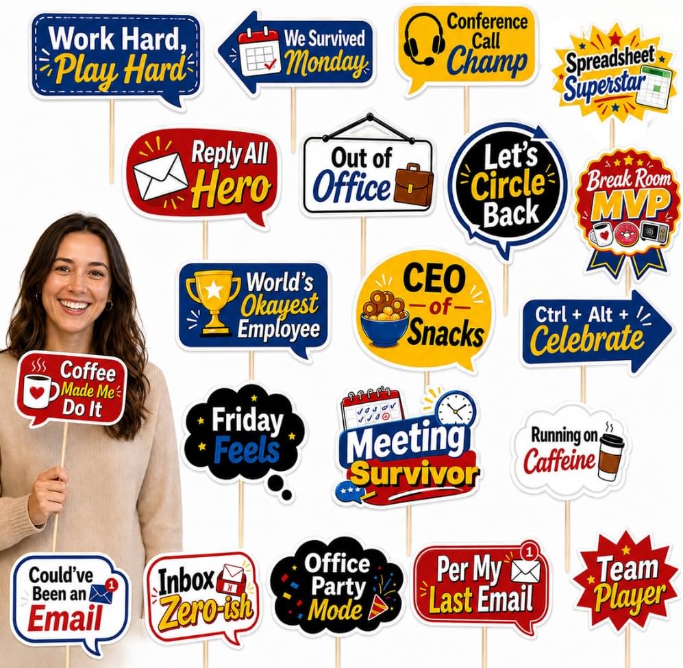 20 Pack Office Party Photo Booth Props, Funny Work Celebration Signs for Corporate Events, Team Parties and Coworker Gatherings