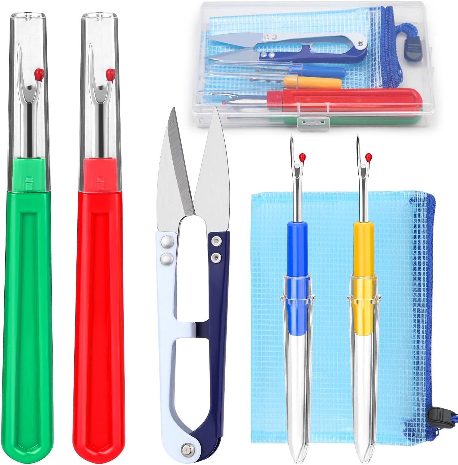 4 Pcs Seam Ripper, Big and Small Stitching Thread Unpicker, Thread Cutter Remover, Seam Rippers for Sewing, Stitch Ripper with Scissor, Storage Bag, for Sewing Needlework DIY Craft