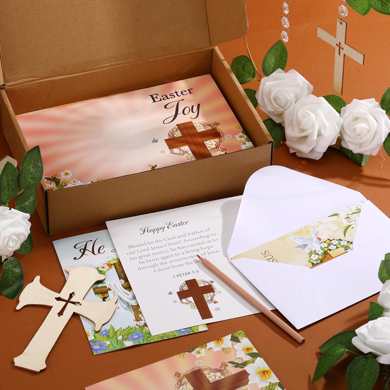 Cholemy 80 Sets Religious Easter Cards Bulk with Envelopes 5 x 7 inch Easter Christian He Is Risen Cross Religious Spring Jesus Inspiring Bible Messages Greeting Cards for Party Favors
