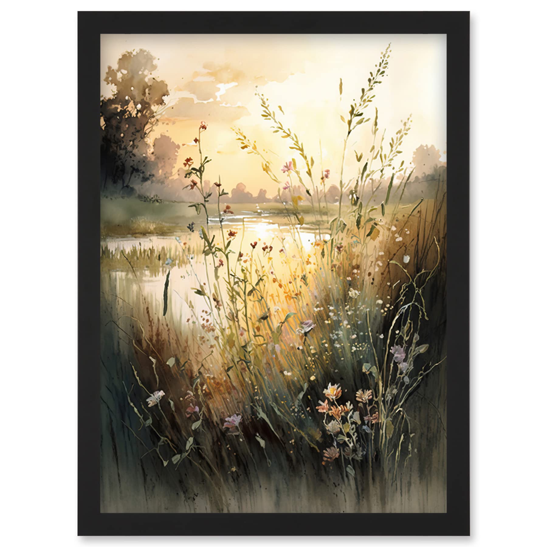 A4 Watercolour Print - Serene Lakeside Landscape with Wildflowers at Dawn - Framed Wall Art