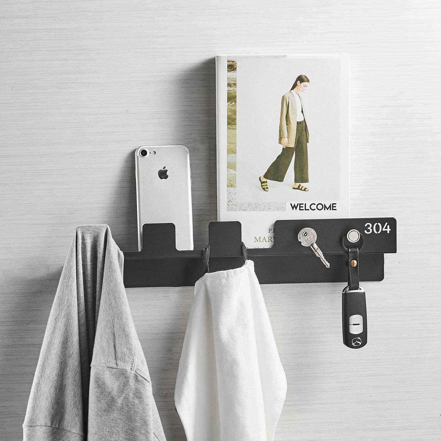 Hiendure Entryway Shelf,Coat Hook Rack, Mail Envelope Organizer with Magnetic Hook for Keys Constructed of 304 Stainless Steel,Matte Black