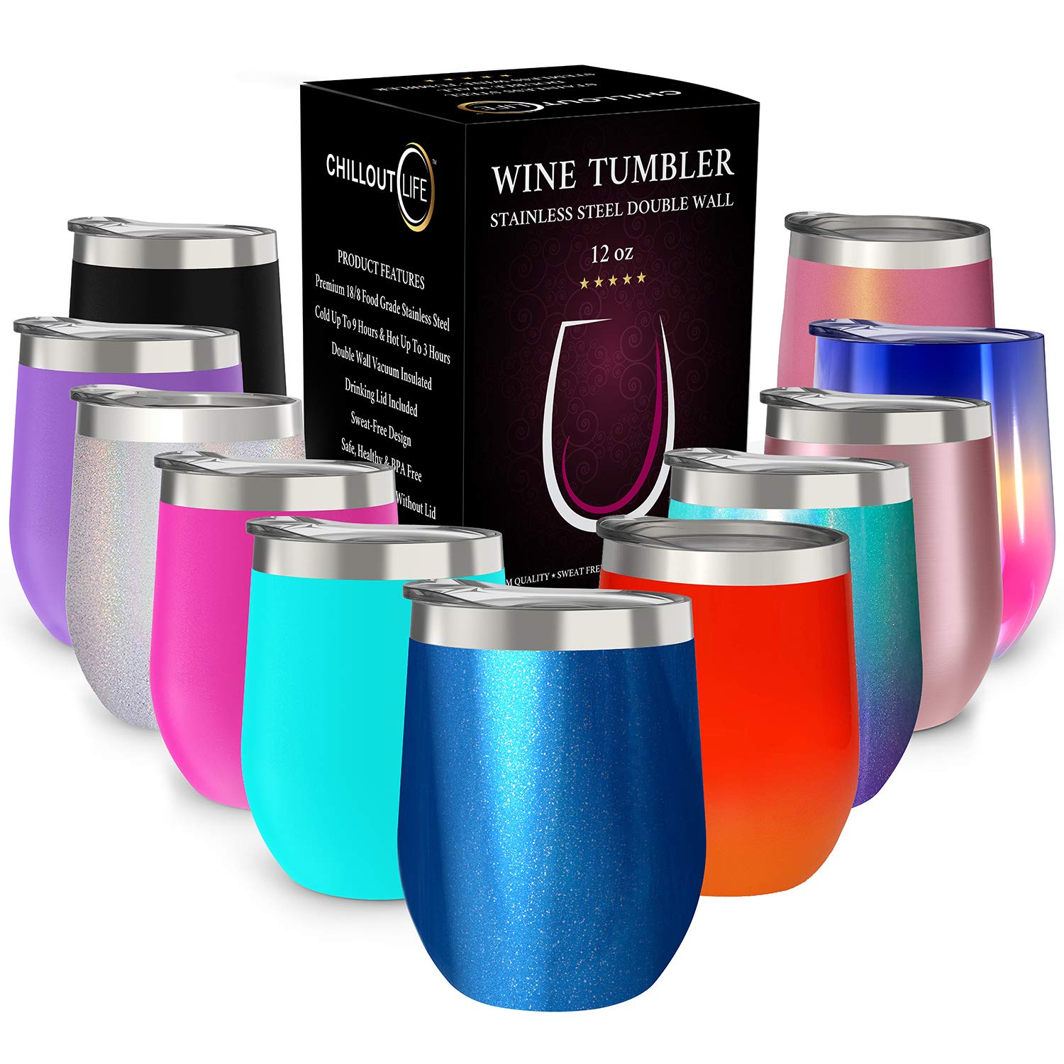 CHILLOUT LIFE 12 oz Stainless Steel Tumbler with Lid & Gift Box - Wine Tumbler Double Wall Vacuum Insulated Travel Tumbler Cup for Coffee, Wine, Cocktails, Ice Cream - Sparkle