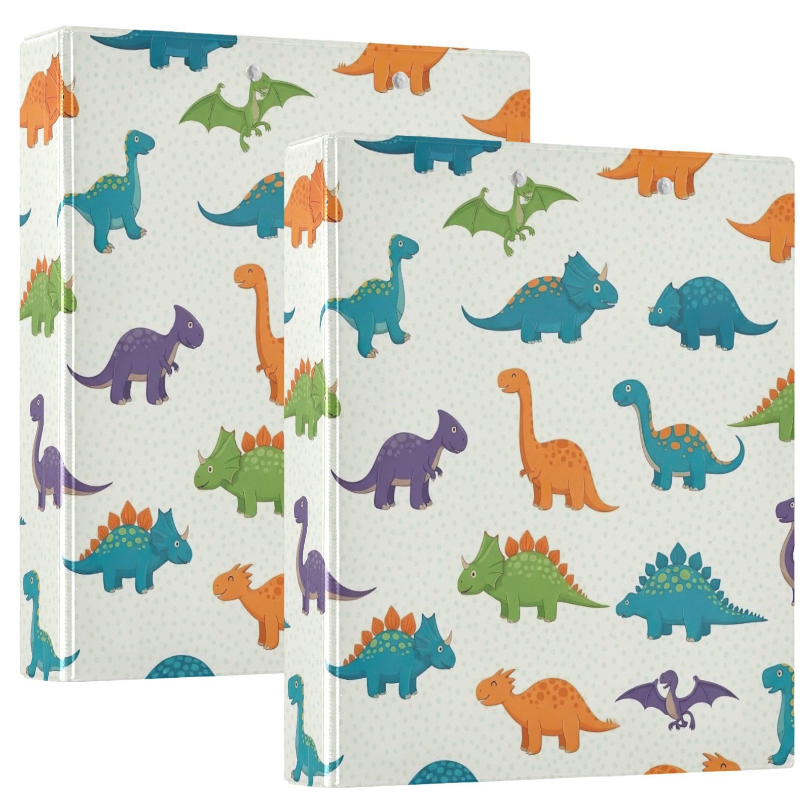 Raccoglitore a 3 anelli con dinosauri colorati in stile cartone animato, 3,8 cm, flessibile con tasche, 3 raccoglitori ad anelli per scuola, università, ufficio (confezione da 2)