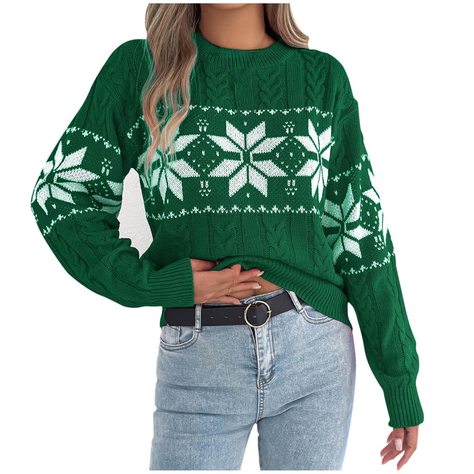 Women Christmas Sweaters Cable Snowflake Crewneck Knit Long Sleeve Warm Pullover Fair Isle Holiday Sweater