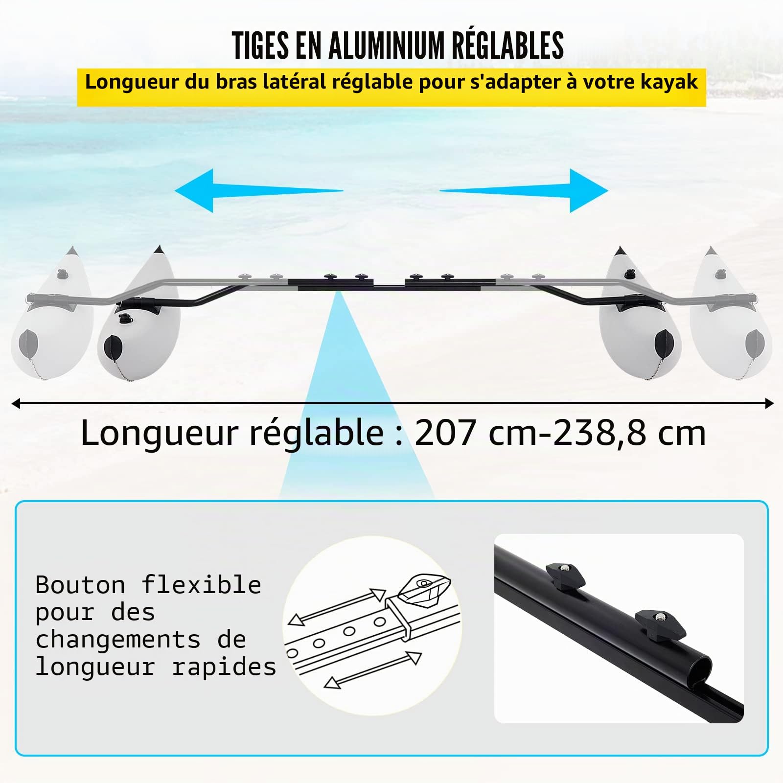 VEVOR Kit de Système de Stabilisateur de Flotteur 2,1-2,4 m Stabilisateur de PVC de Kayak Dégonfler et Gonfler Facilement Canoë Stabilisateur pour Le Kayak Le Canoë la Navigation de Plaisance Pêche