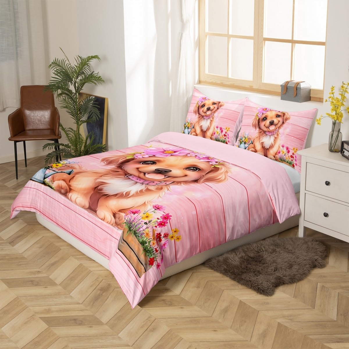jejeloiu Cute Dog Bedding Set Cartoon Pet Animal Duvet Cover Set for Kids Boys Girls Flower Floral Print Comforter Cover Pink Wooden Quilt Cover with 1 Pillowcase 2Pcs Bedding Toddler,No Comforter