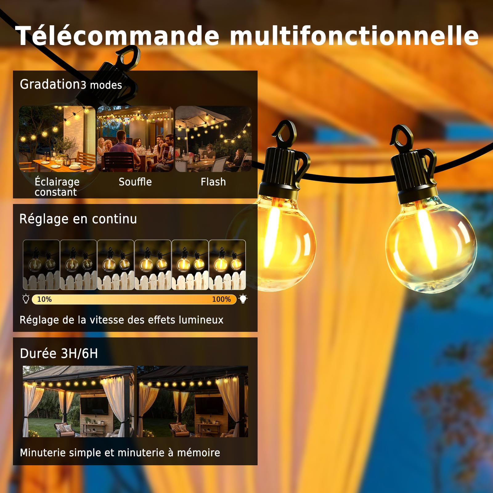 Guirlande Lumineuse Exterieure 30M LED Guinguette Connectable 60+2 G40 Ampoules IP65 Télécommande 4 Modes Minuterie