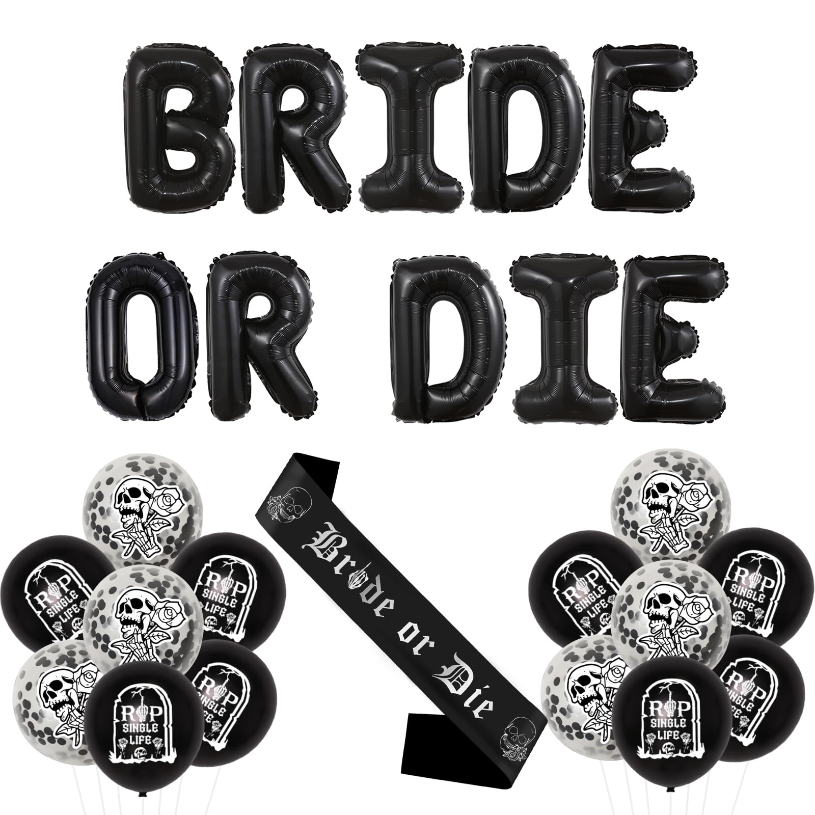 Kreatwow Gothic Engagement Party Decorations Bride or Die Balloon Banner Rip Single Life Decorations Goth Hen Sash Skull Balloon Gothic Hen Do Party Black Halloween Bachelorette Wedding Bridal Shower