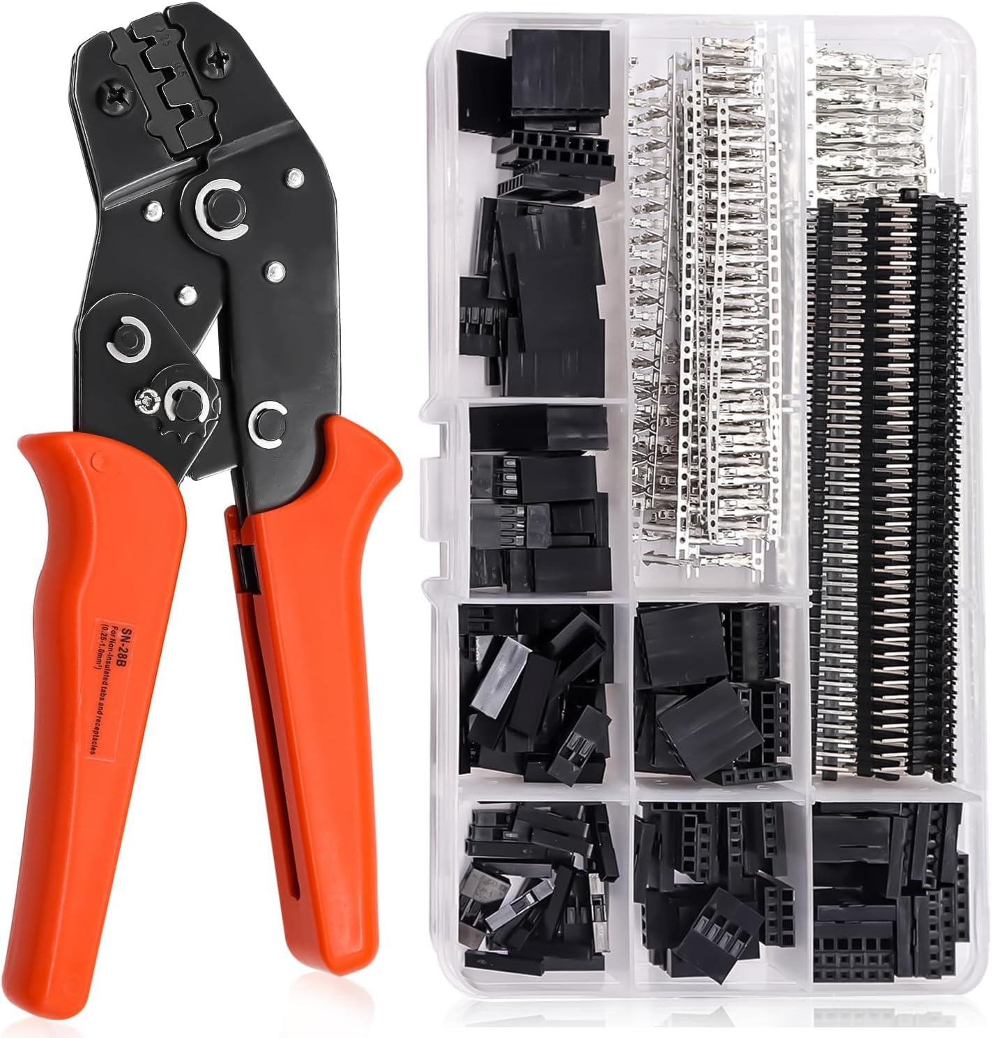 AzoneeCrimping Tool Kit with 600PCS 2.54mm Dupont Connector Kit SN-28B Ratcheting Wire Crimper Plier,1/2/3/4/5/6/7 Pin Housing Dupont Connector Male Female Pin Header Crimp Terminal AWG28-18