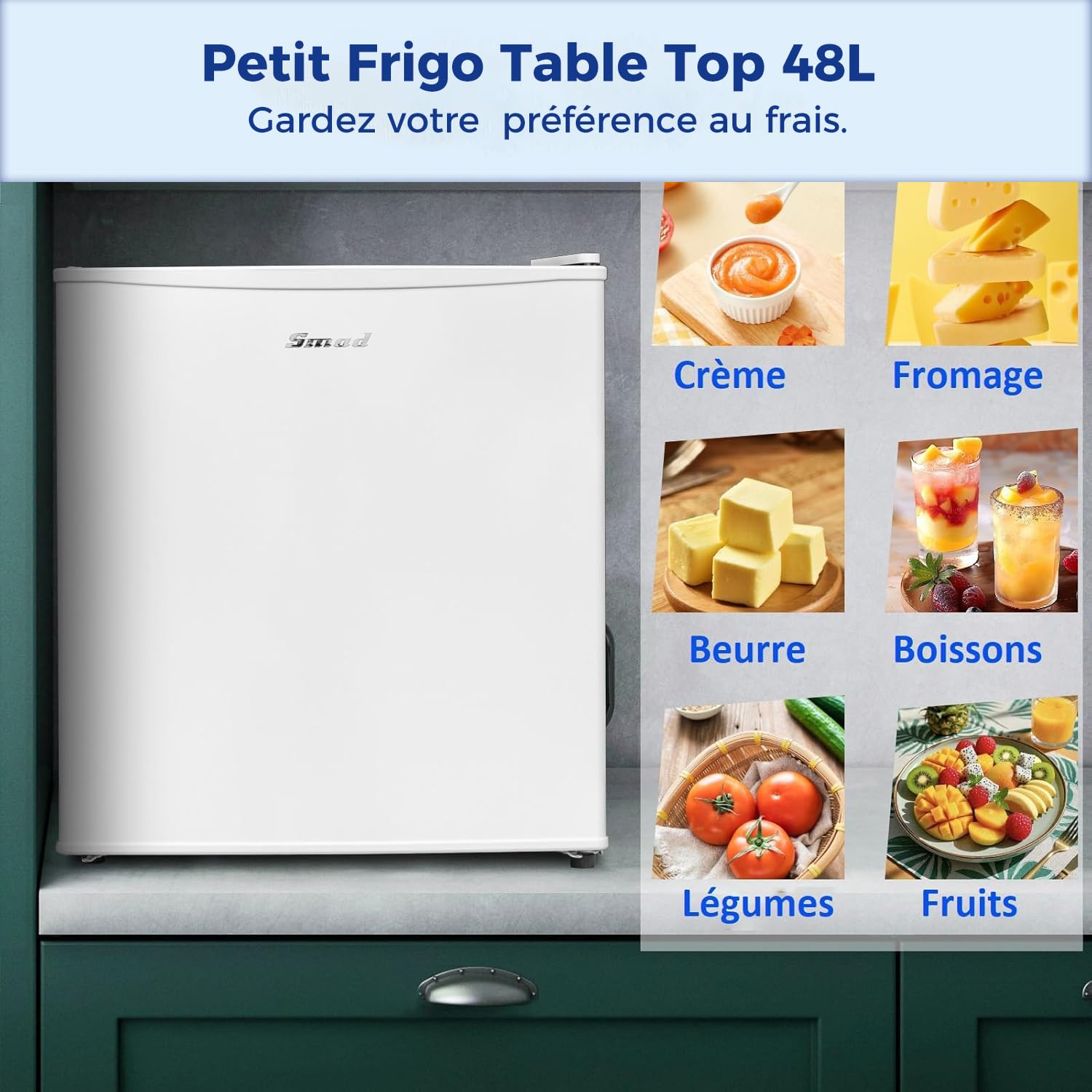 Smad Mini Frigo 48L Petit Réfrigérateur Porte Réversible 0-10℃ MiniBar Blanc