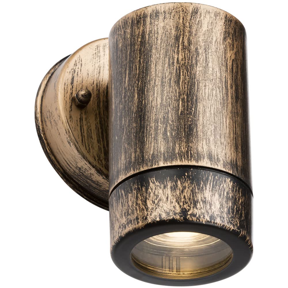 IP54 Outdoor Wall Down Light Brushed Brass GU10 Outside Electric Waterproof Polycarbonate Garden Mains Powered for Patio, Terrace, Balcony, Porch, Garage, Coastal, Shore