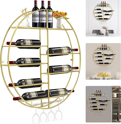 Miniatura 3 de Estante dorado para 12 botellas de vino montado en la pared, estante para licor con soporte para vidrio, estante colgante para el hogar, bar,