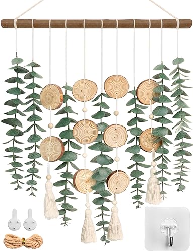 Planta artificial de eucalipto verde con tallo de hojas para colgar en la pared, 22.7 pulgadas con poste de madera, decoración rústica bohemia