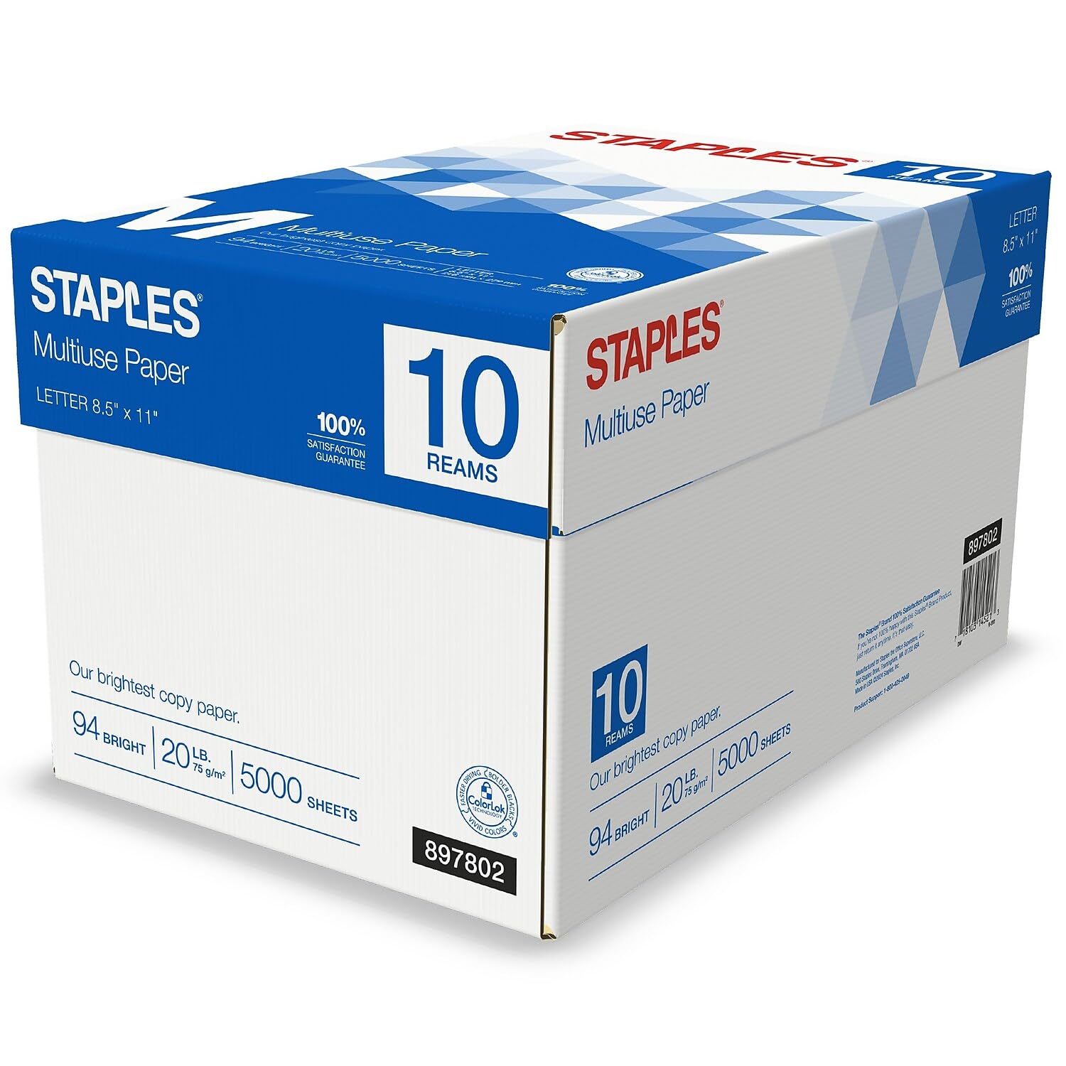 Staples Multipurpose Copy Printer Paper, 20 lb, 8.5 x 11 Inches, 10 Reams (5,000 Sheets), 94 Bright, White