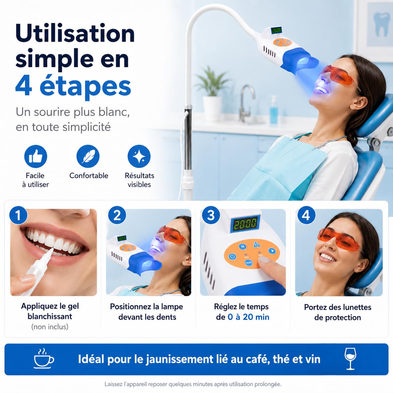 Lampe LED de Blanchiment Dentaire Professionnelle 36 W, Lumière Bleue et Rouge, Minuterie 0–20 Min, Angle Réglable, Appareil de Blanchiment des Dents pour Salon, Cabinet Dentaire et Institut de Beauté
