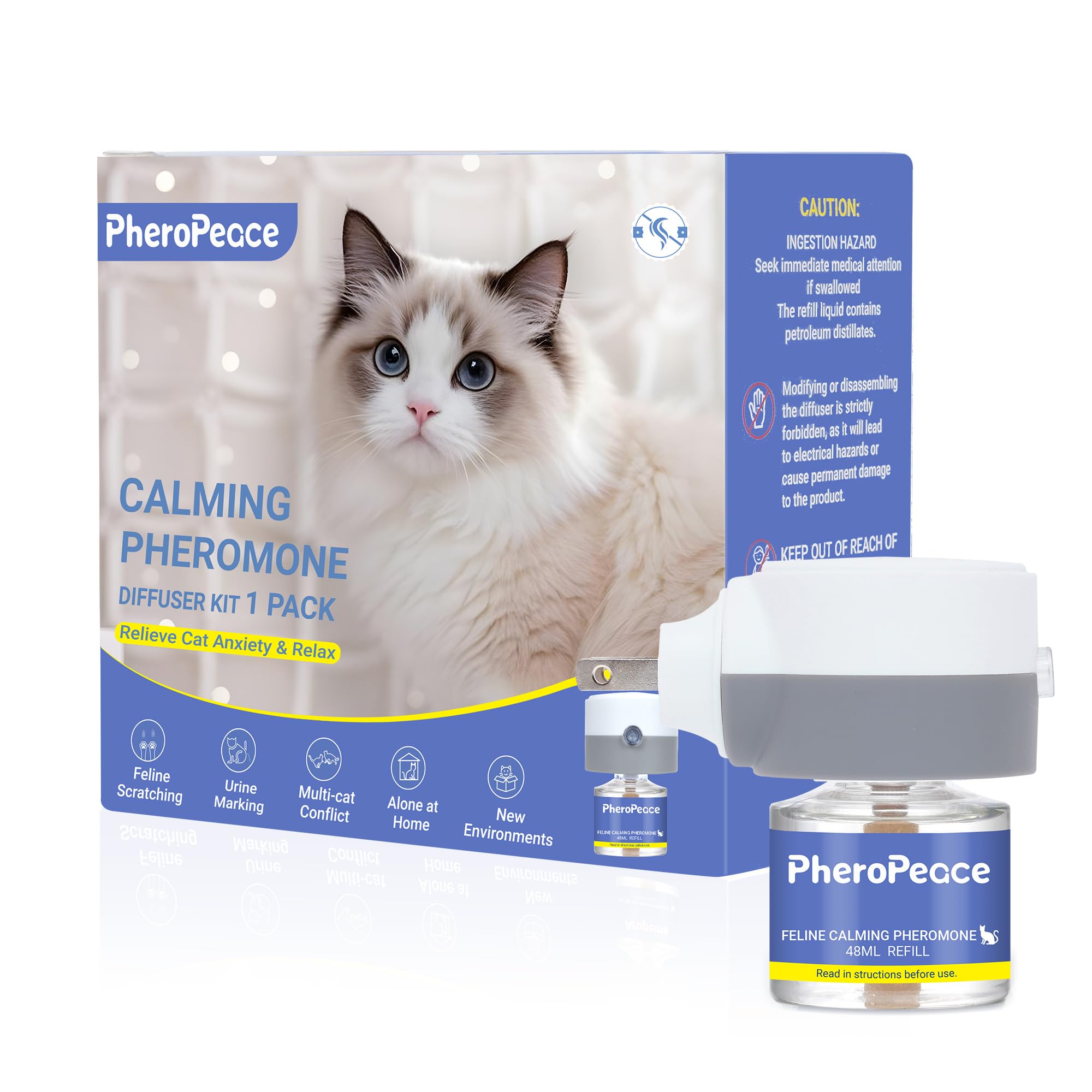 Cat Calming Diffuser Kit (1 Diffuser + 1 Refill, 48ml) – 30 Day Supply – Cat Pheromones Diffuser for Multi-Cat Conflict, Urine Marking & Scratching Pheromone Diffuser for Stress & Tension Relief
