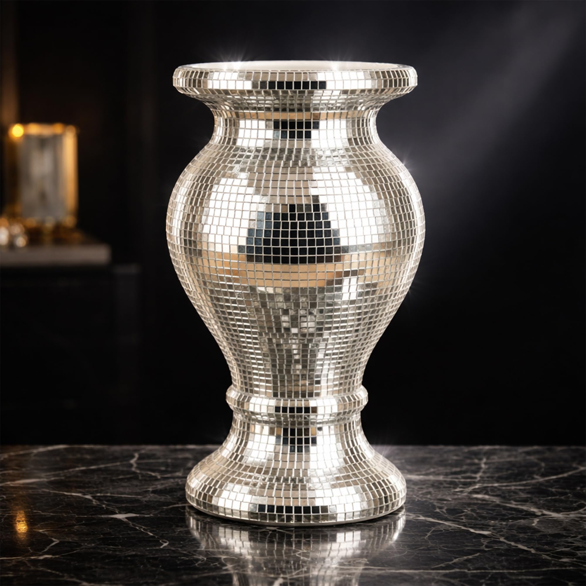 BML Silver Crushed Diamond Mosaic Glass Vase Mirrored Decorative Vase for Flowers Pampas Modern Reflective Home Décor Centrepiece for Weddings and Events
