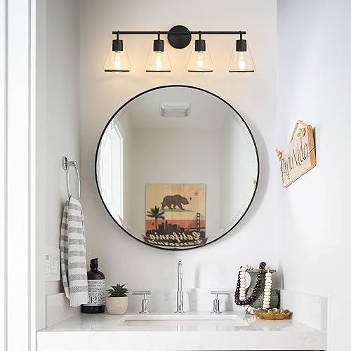 Miniatura 4 de Lámparas de baño negras de 4 luces para tocador de baño sobre espejo con pantalla de vidrio transparente, luces de tocador de 30 pulgadas para