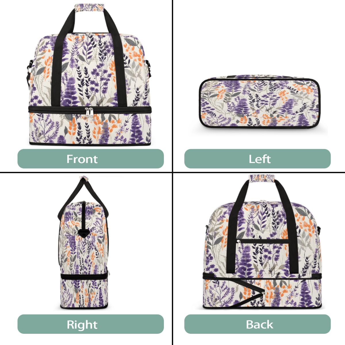 Borsone da viaggio pieghevole con motivo floreale di lavanda acquerello, borsa da palestra espandibile con scomparto per scarpe, borsa da weekend di grande capacità, borsa da portare con sé, per