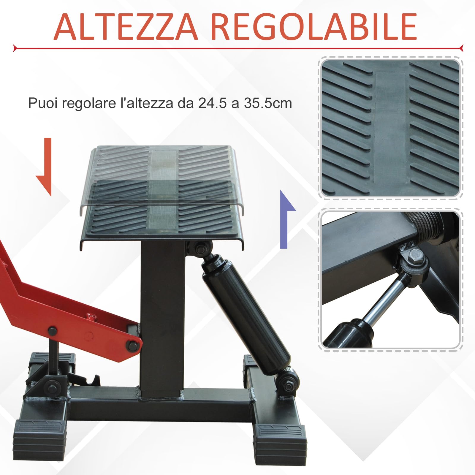 HOMCOM Cavalletto Alzamoto 150kg Max ad Altezza Regolabile per Officina e Garage, Cavalletto in Acciaio Zincato e Gomma con Manovella, 28x17.5x24.5-35.5 cm, Nero e Rosso
