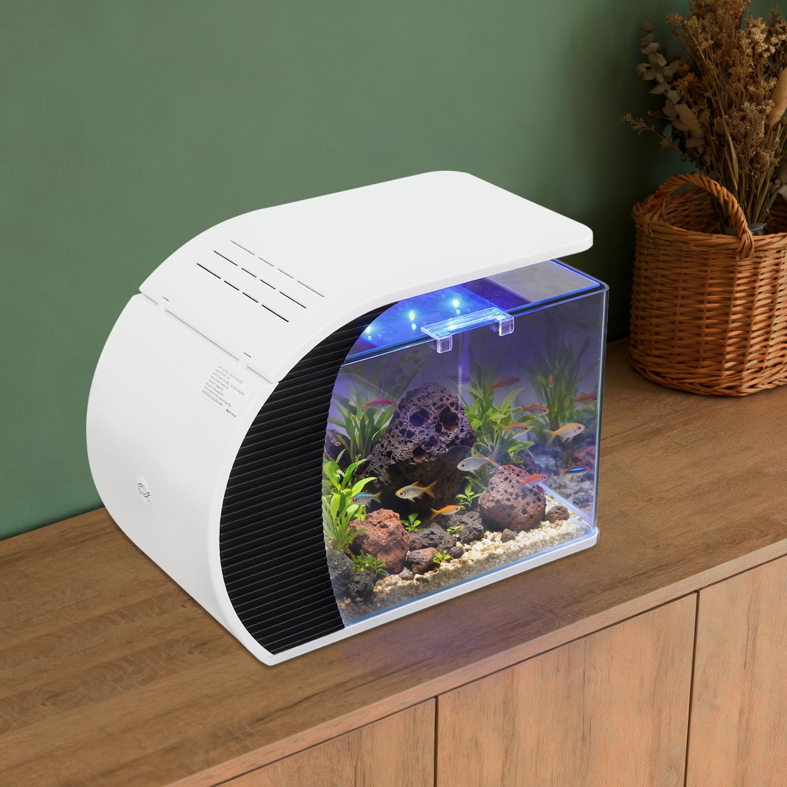 Juego completo de acuario de 19 l con iluminación LED y filtro, mini tanque de peces de escritorio con parabrisas curvado para peces luchadores, guppies, gambas de salón, oficina y decoración