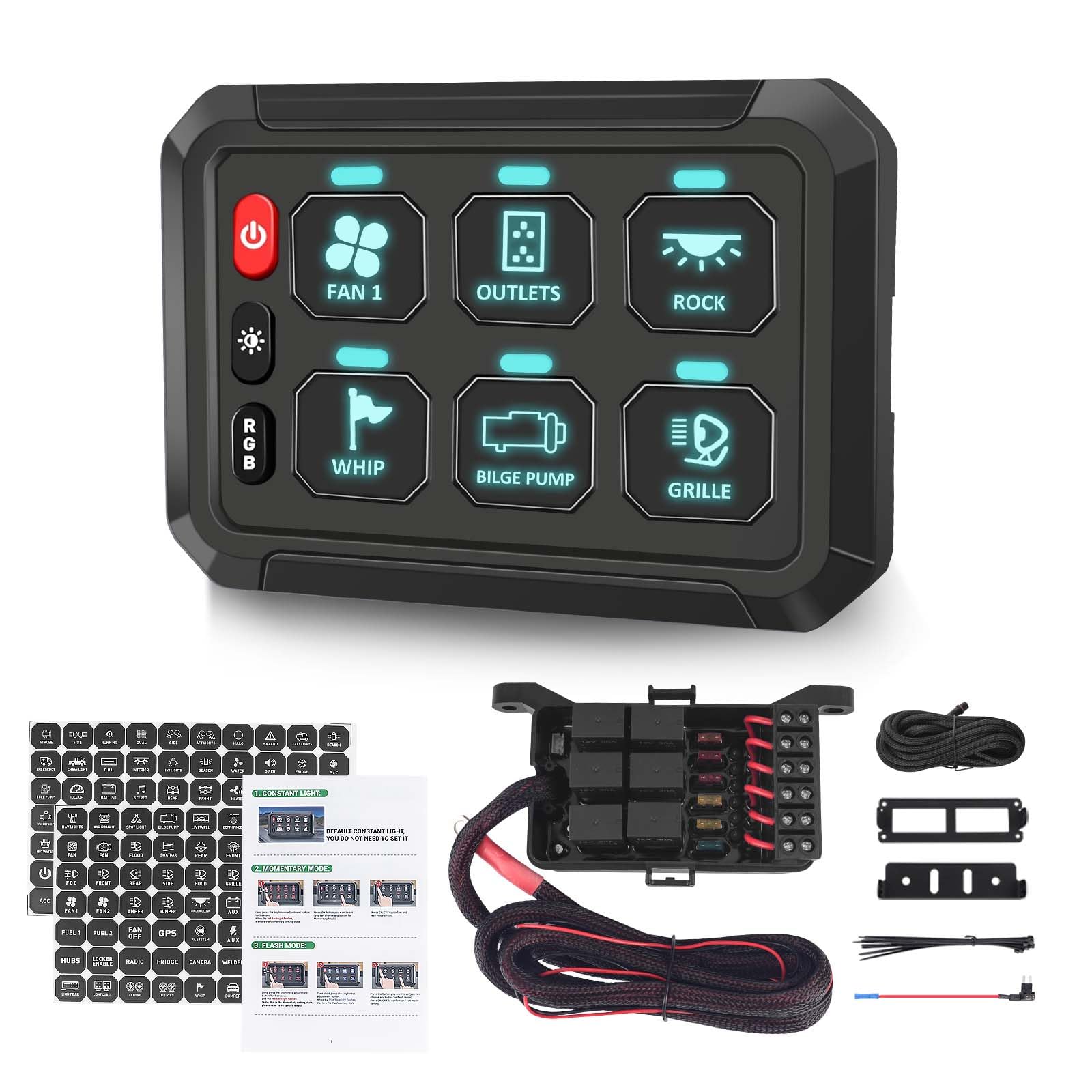 Chelhead 6 Gang Schalttafel, 12V Schalter Panel Kit impulsartig RGB 4 Beleuchtungsmodi schalterpanel,wasserdicht, dimmbar, universelles Schaltkreissteuerungsrelaissystem, kompatibel mit LKW, Offroad