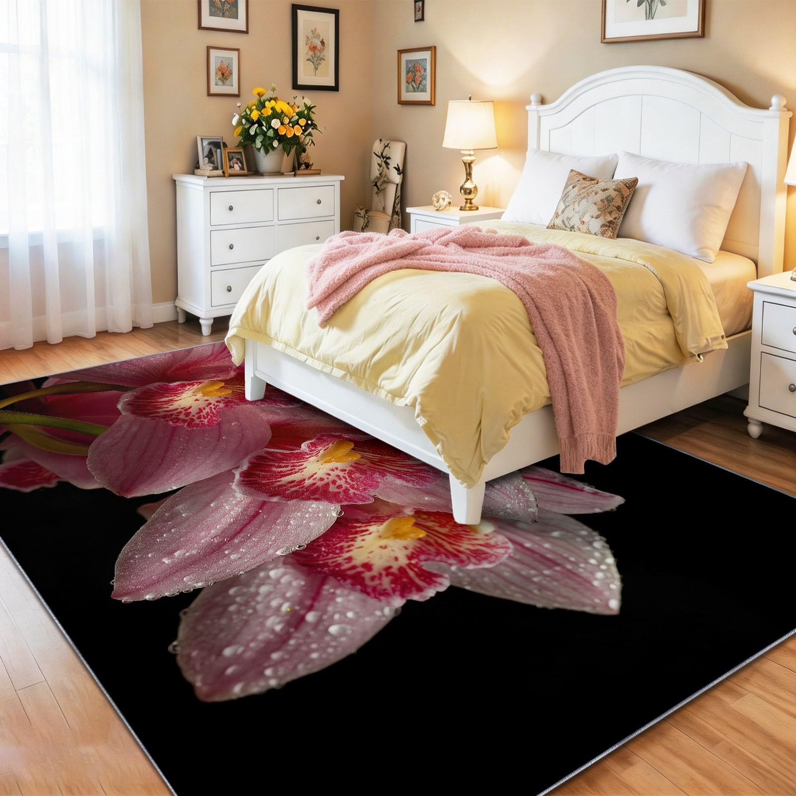 Dywan do salonu w kwiaty z krótkim włosiem - nowoczesne różowe orchidee - różowo-czerwony - 120 x 180 cm - antypoślizgowy nadaje się do odkurzacza, można prać w pralce, do sypialni