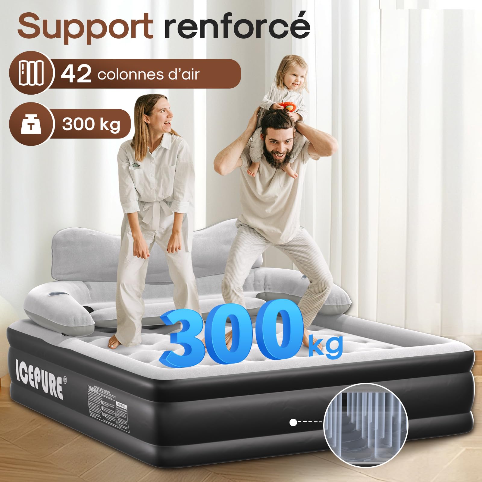 ICEPURE Matelas Gonflable 2 Personnes, 150x200x46CM,Dossier Amovible, 300 kg, Matelas Autogonflant 2 Personnes de 4000mAh et éclairage, adapté à la Peau, Robuste et Portable.