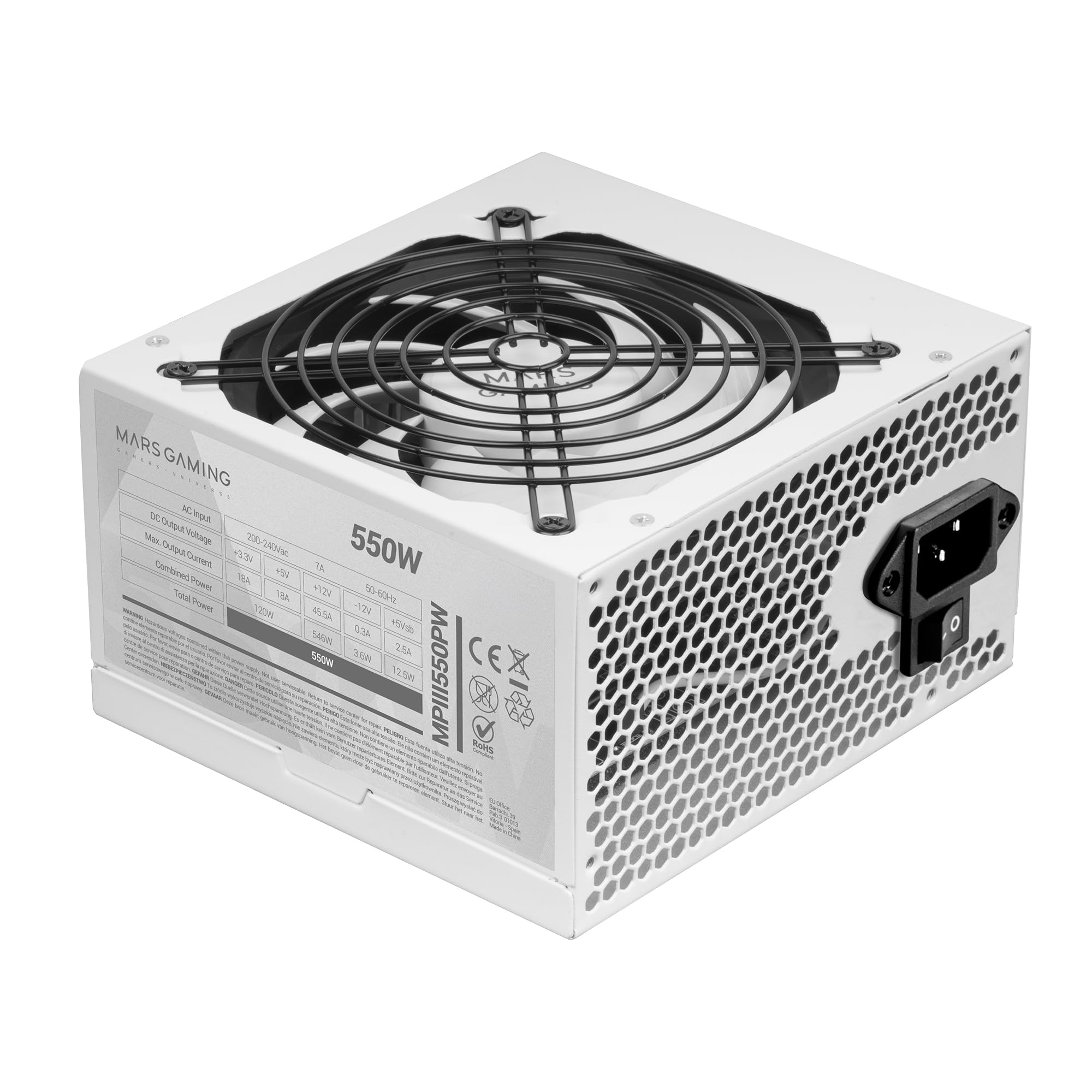 MARSGAMING MPIII550P, PC ATX Power Supply 550W, 5-Year Warranty, 85% Efficiency, Digital APFC System, 120mm FDB AI-RPM Fan, DC-DC and SMD Technologies, Extra-Long Flat Cables, White