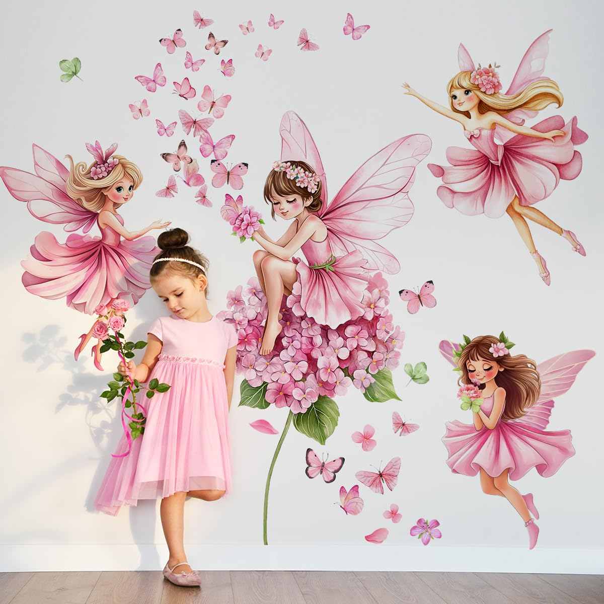 WandSticker4U®- Pegatinas pared decorativas infantiles HADAS y MARIPOSAS rosa (132x129 cm) I Vinilos hadas y mariposas pared niña princesa elfos flores I Decoración habitación niña bebe GRANDE