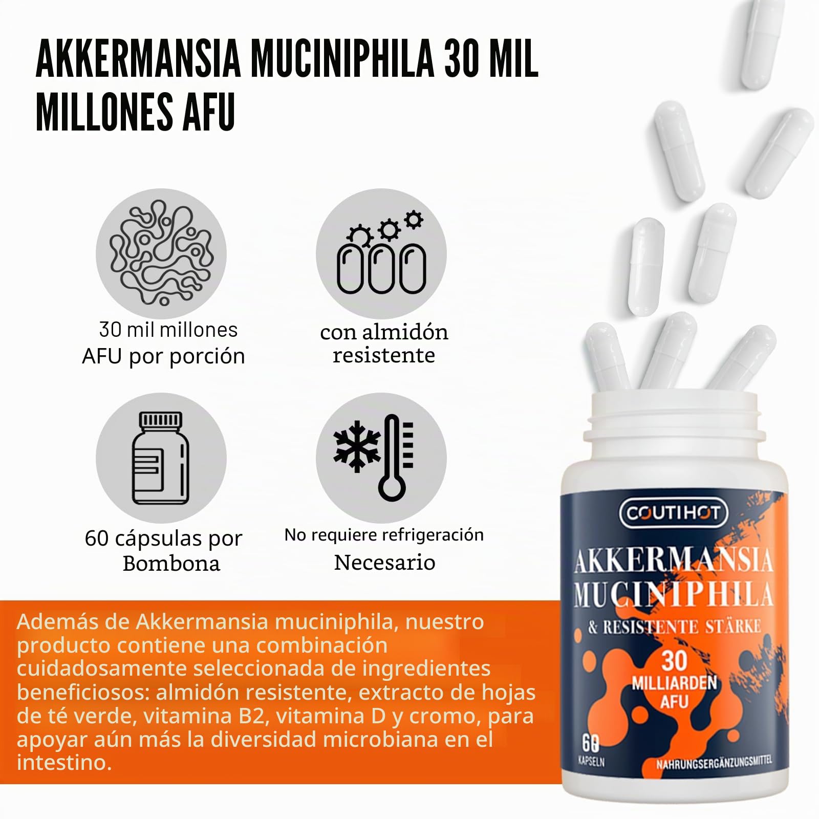 Akkermansia Muciniphila 30 Billones AFU | Con Almidón Resistente | Sin OGM y Sin Gluten para Mujeres y Hombres | 240 Cápsulas