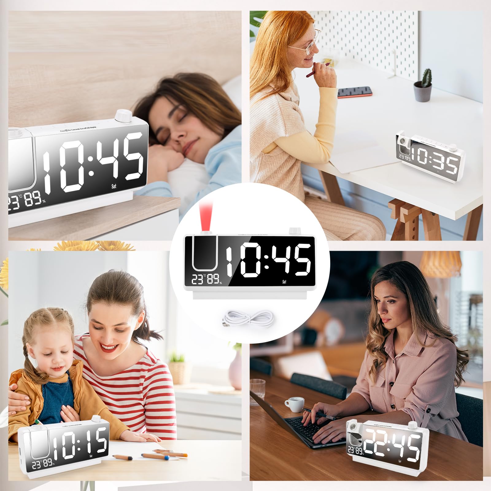 Reloj Despertador Digital con Proyector, Reloj Proyector Techo con LED de 7,4", 180°, Doble USB, Temperatura y Humedad, 3 Brillo, 12/24H, Snooze, para Dormitorio Infantil Niños(Blanco)