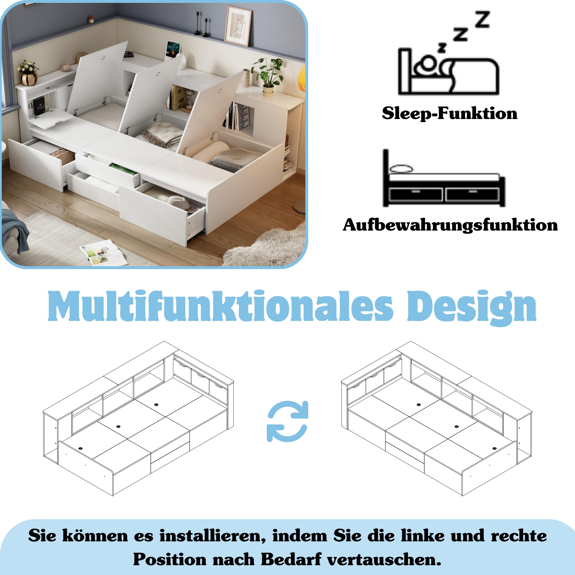 Cama para niños, 90 x 200 cm, con cajones y estantería, debajo de la cama con contenedor, multifuncional, individual, de madera, sin colchón, blanco