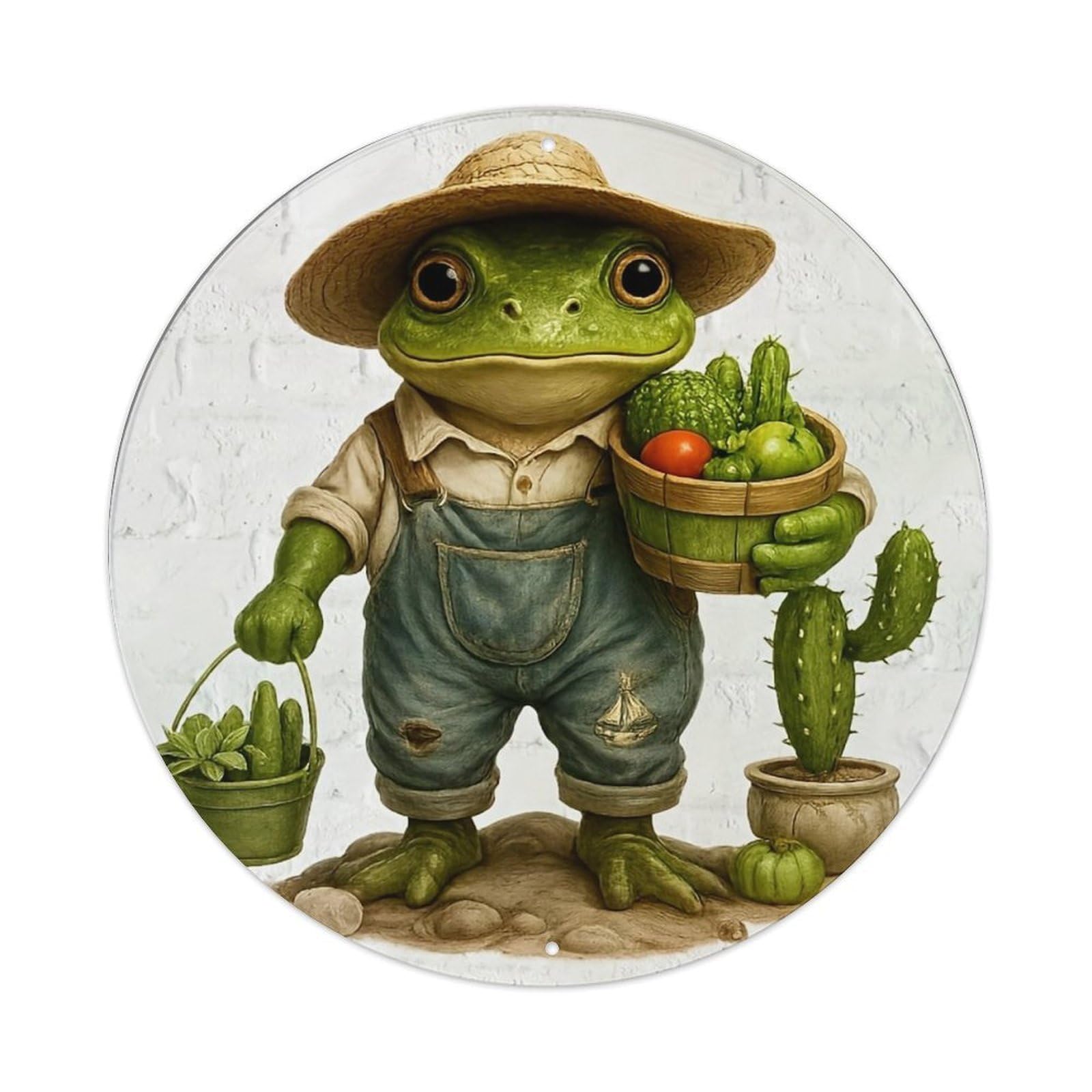 Frog Farmer With Vegetables And Cactus Retro Metal Sign Round Tin Sign, Vintage Decor Art Poster for Bar, Home, Man Cave, Kitchen, Laundry Room Gift 8x8Inch